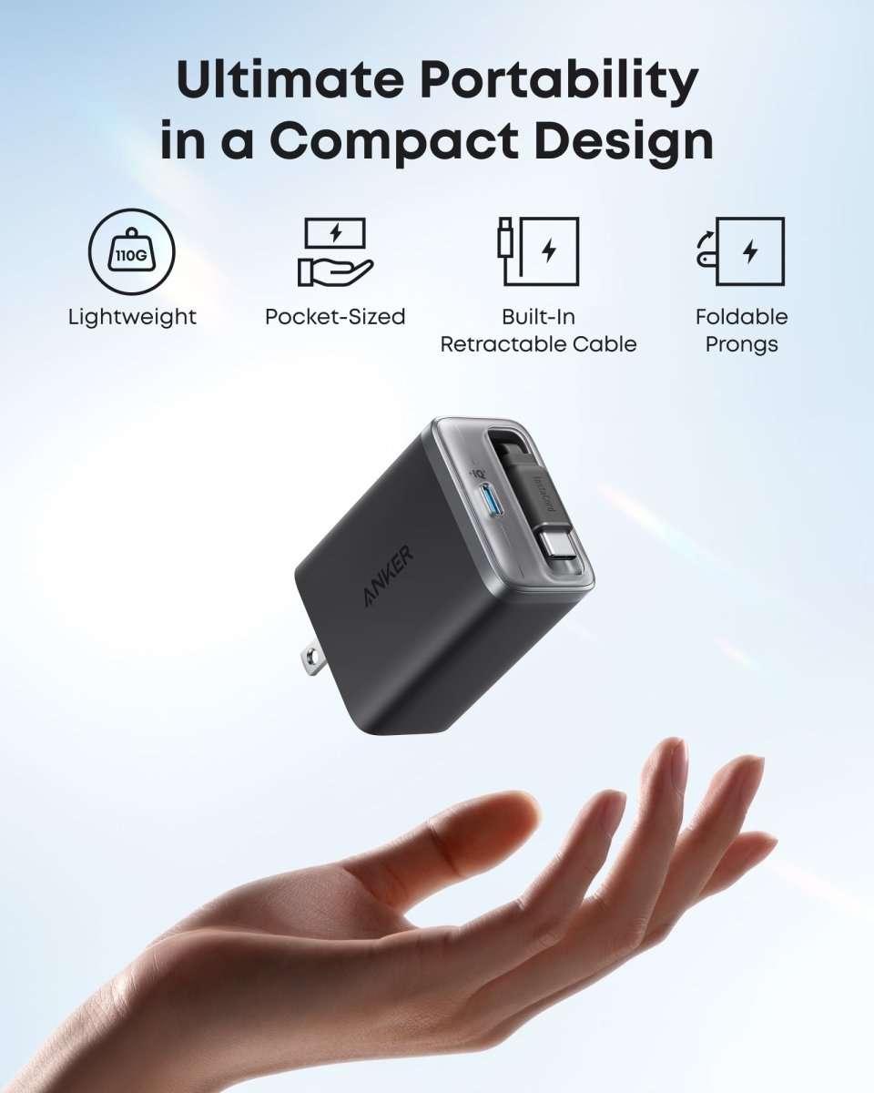Black USB-C wall charger angled view with built-in retractable cable
