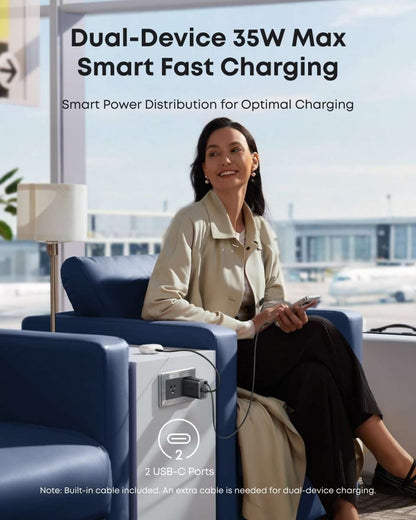 Black dual USB-C fast charger mounted on wall outlet with built-in cable visible