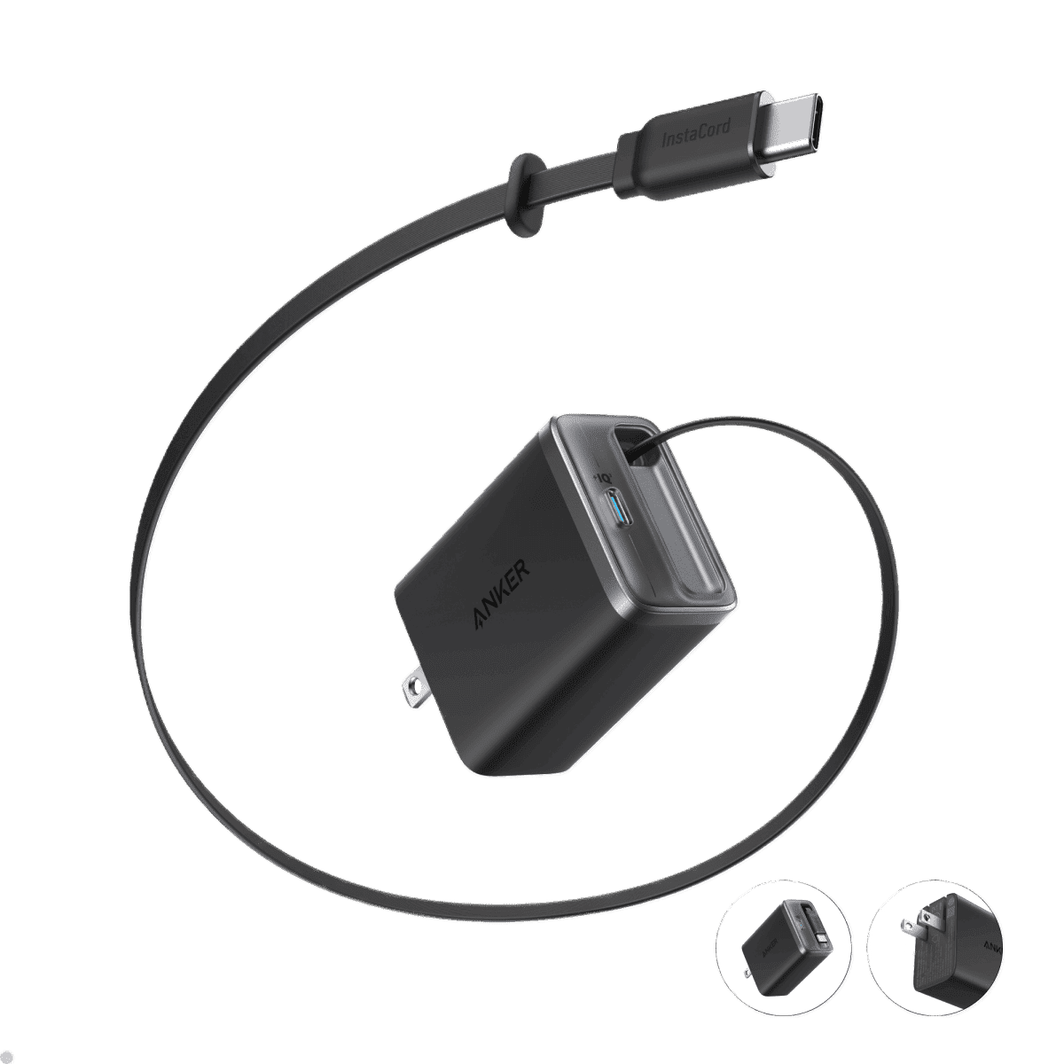 Black USB-C wall charger with built-in retractable cable and dual USB-C ports