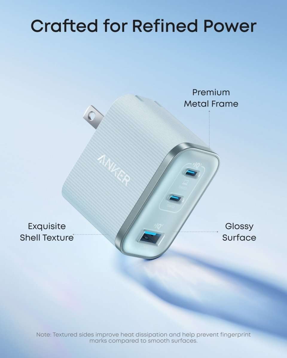 Anker Nano 70W charger with textured white shell, glossy silver accents, three USB ports