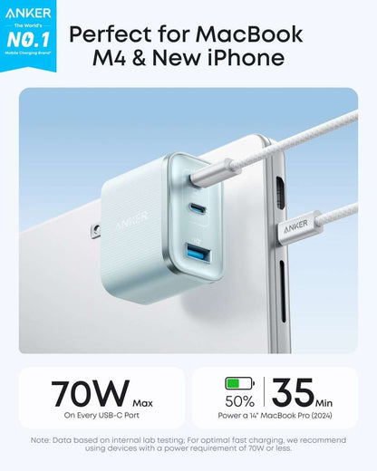 Anker Nano 70W charger with three USB ports connected to a cable, light blue housing