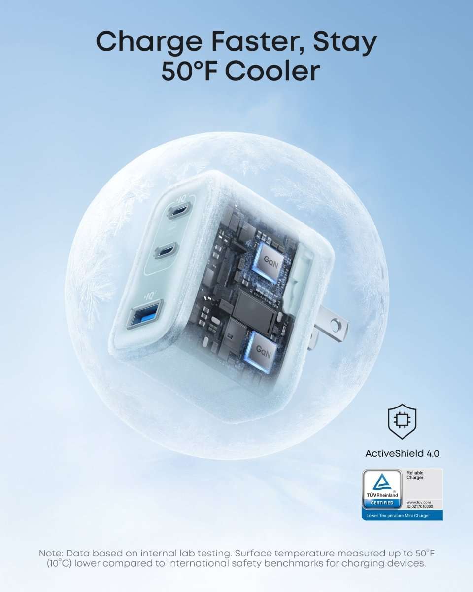 Anker Nano 70W charger internals view, light blue casing with three USB ports