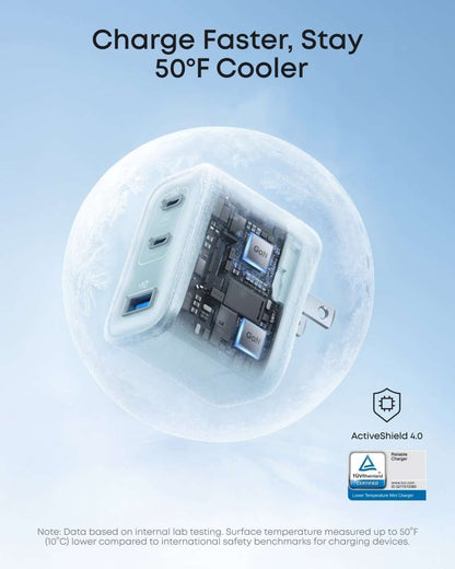 Anker Nano 70W charger internals view, light blue casing with three USB ports