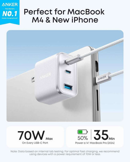 Three-port USB-C nano charger with foldable plug, white shell and braided cable