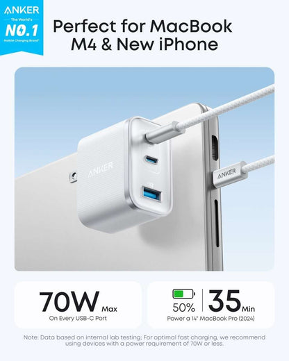 Three-port USB-C nano charger with foldable plug, white shell and dual ports