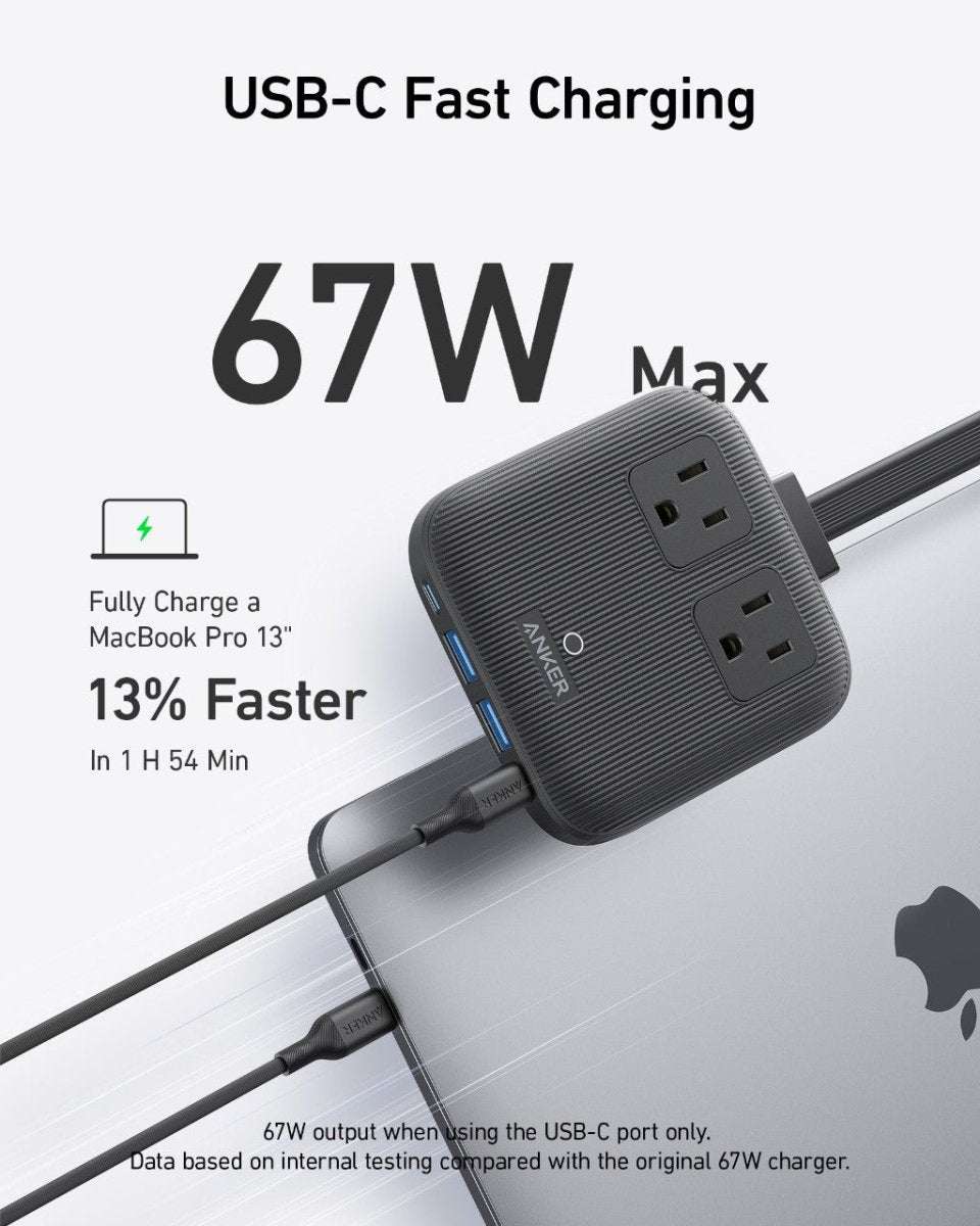 Dark blue charging station with two AC outlets and USB ports, power cable connected