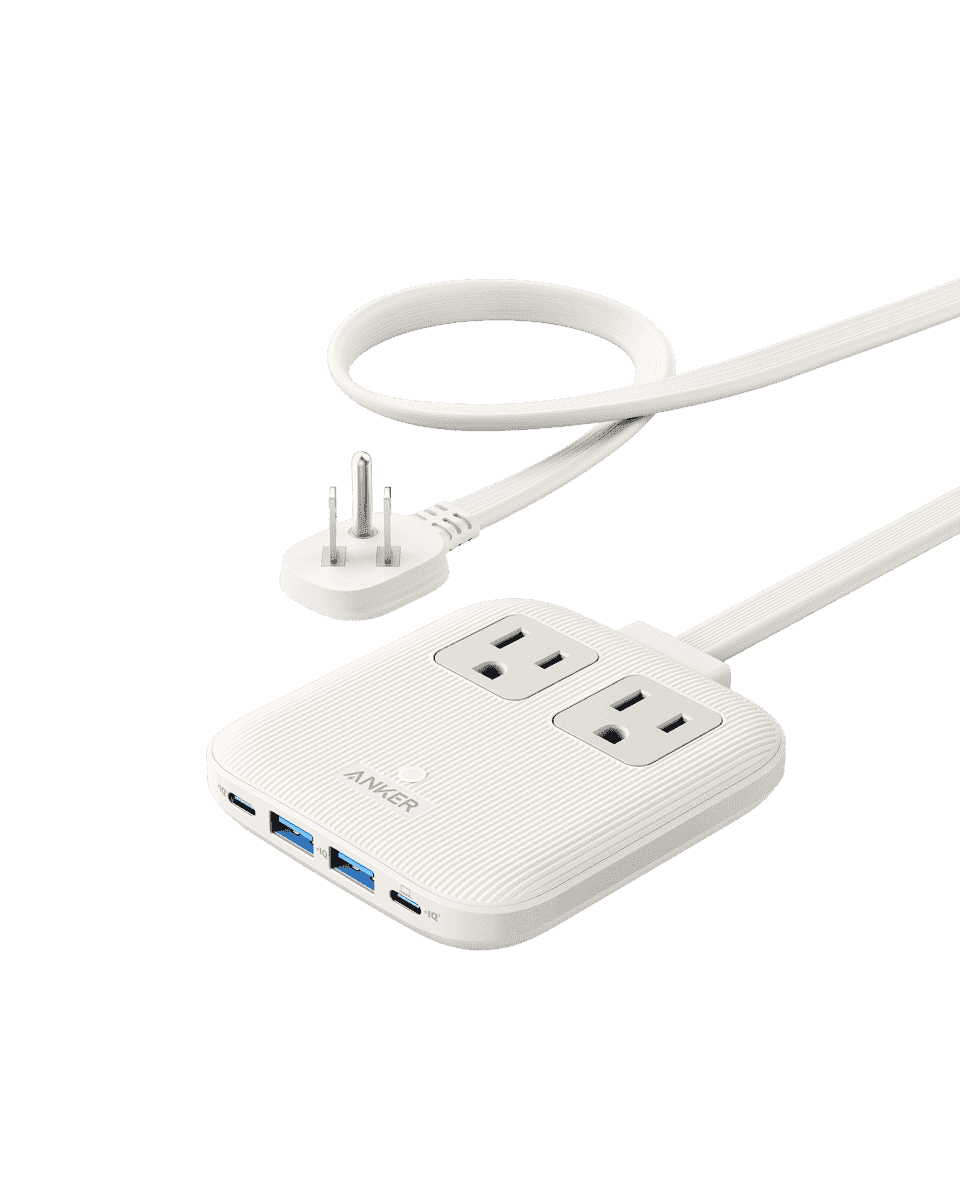 Shell white charging station with pop-up outlets and USB ports, connected by power cables