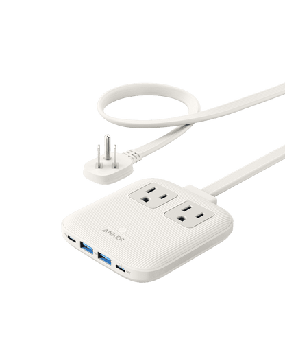 Shell white charging station with pop-up outlets and USB ports, connected by power cables