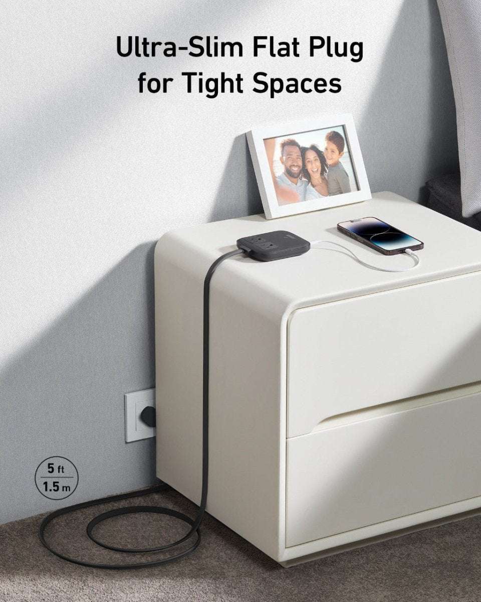 Light charging station with flat plug design and cable connected to a wall outlet