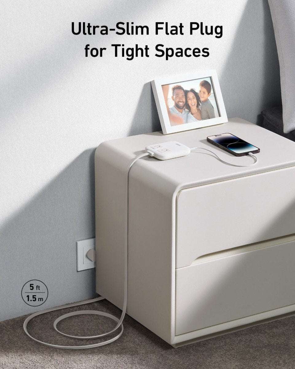 Light-colored charging station with ultra-slim flat plug and attached charging cable
