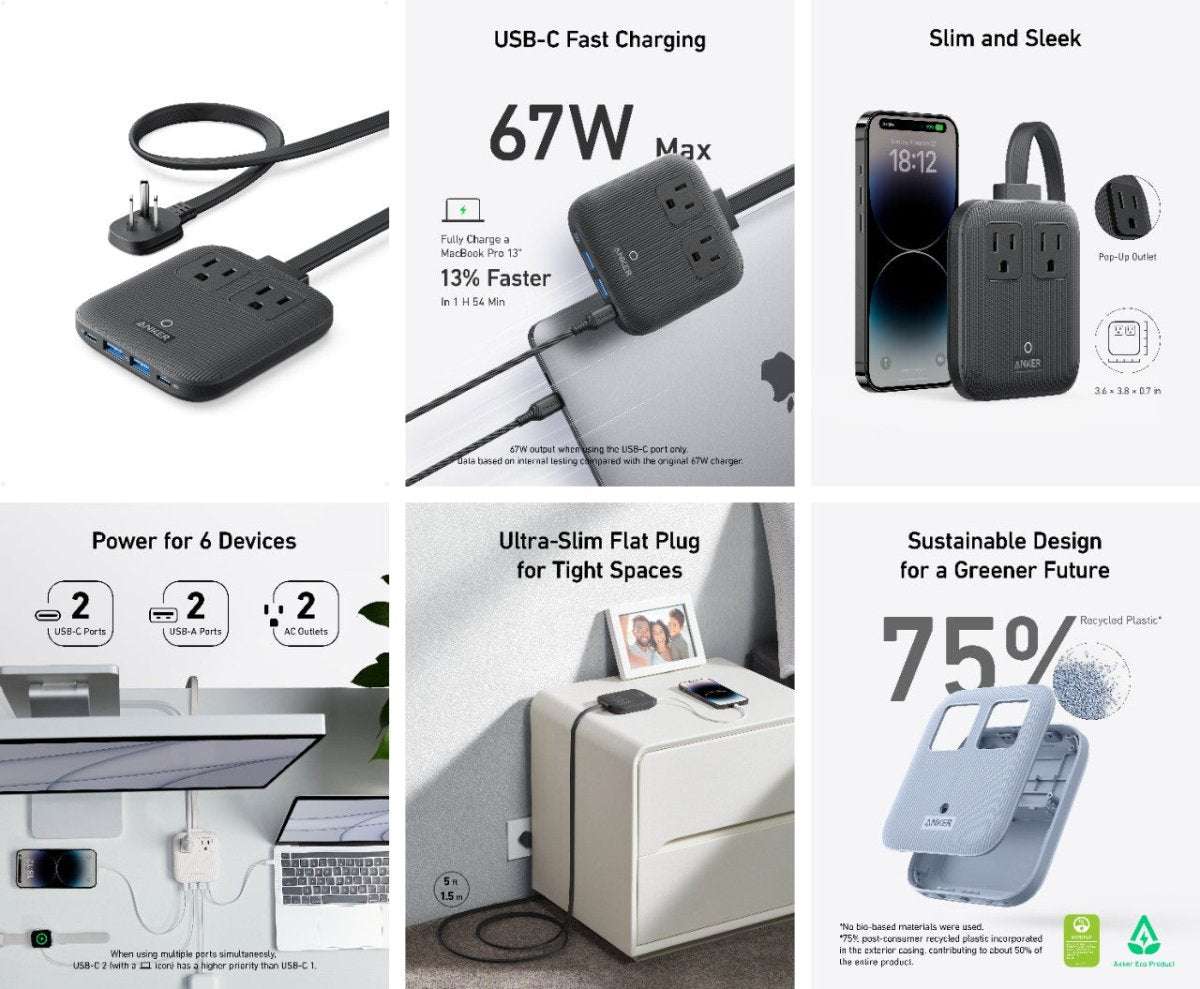 Set of views showing 67W charging station with multiple outlets and USB ports in blue/black