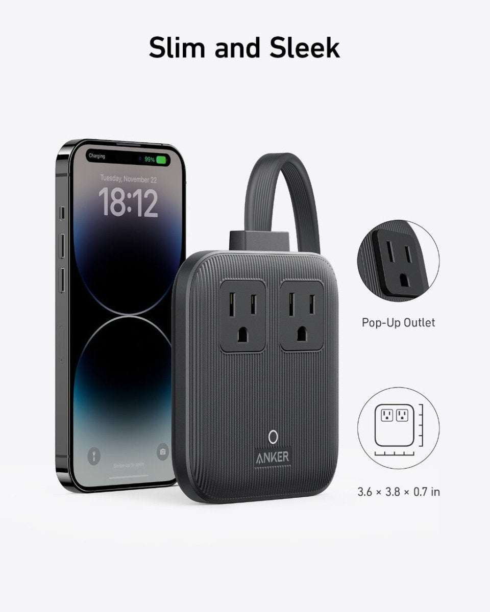 Black charging station with foldable outlets and side USB-C/USB ports