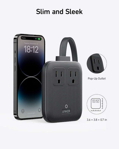 Black charging station with foldable outlets and side USB-C/USB ports