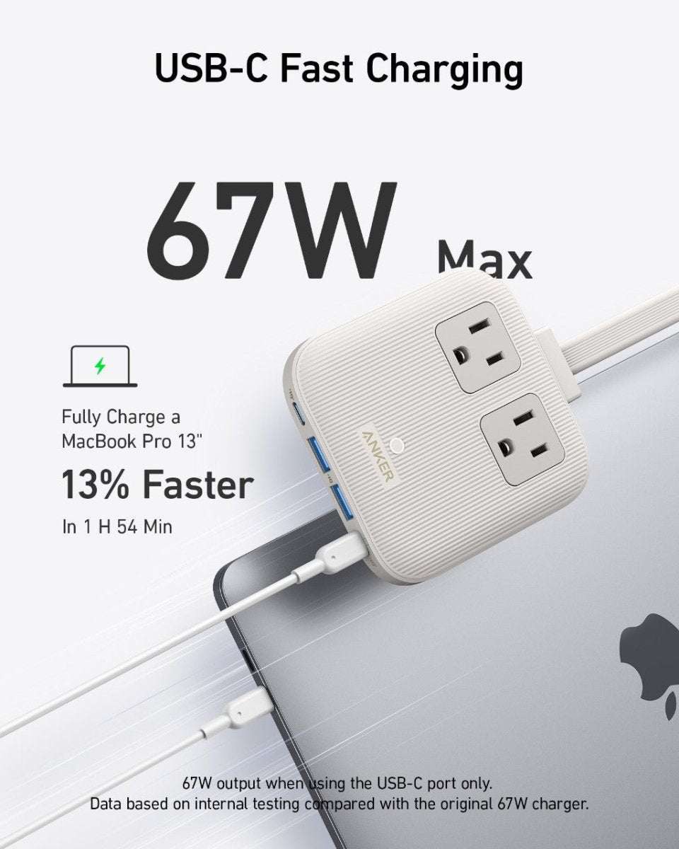 White charging station with USB-C port and pop-up AC outlets for multiple devices