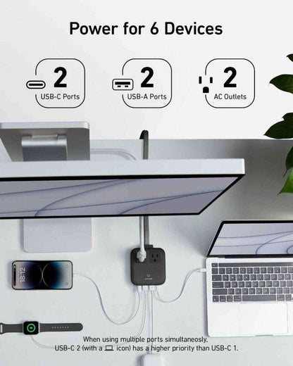 Compact charging station with USB-C and USB-A ports plus AC outlets under a shelf