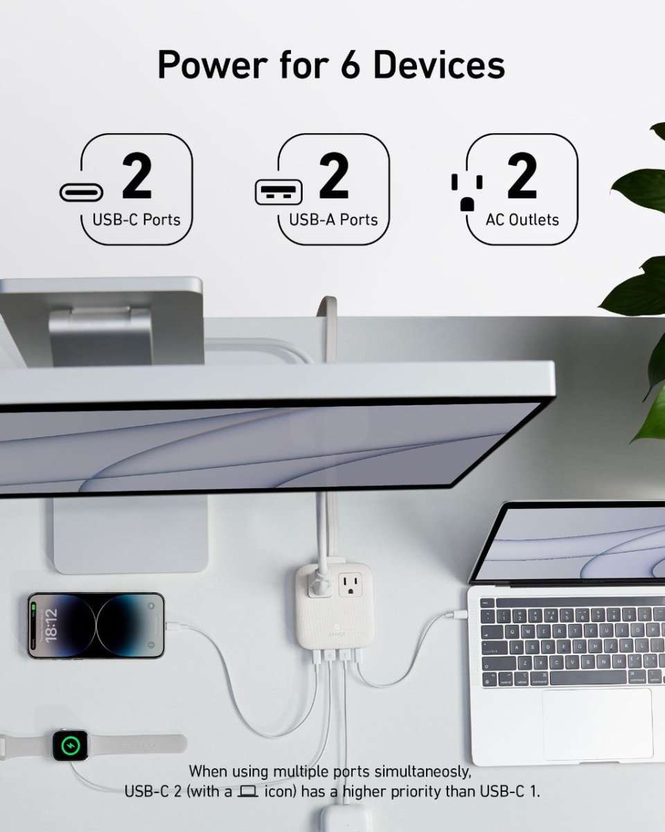 Multi-port charging station with two USB-A, two USB-C, and two AC outlets