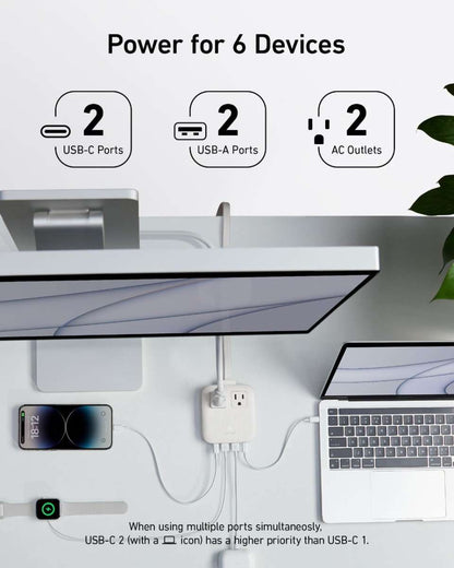 Multi-port charging station with two USB-A, two USB-C, and two AC outlets