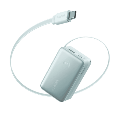 Anker Nano power bank with retractable USB-C cable, light blue case and cable.