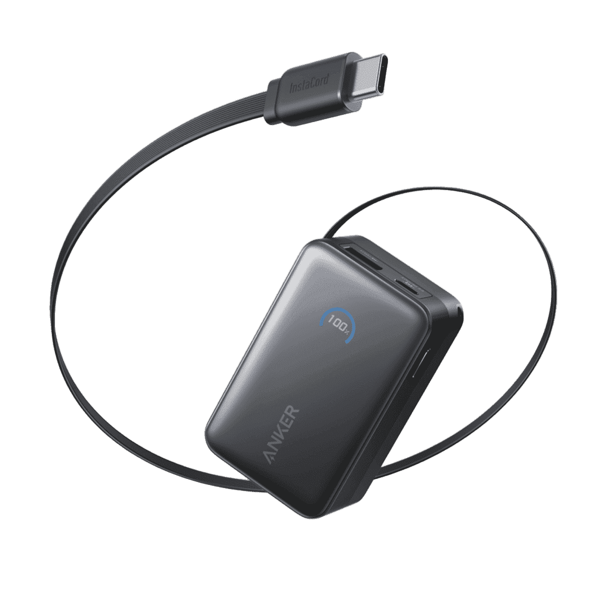 Black power bank with retractable USB-C cable, compact 10,000 mAh