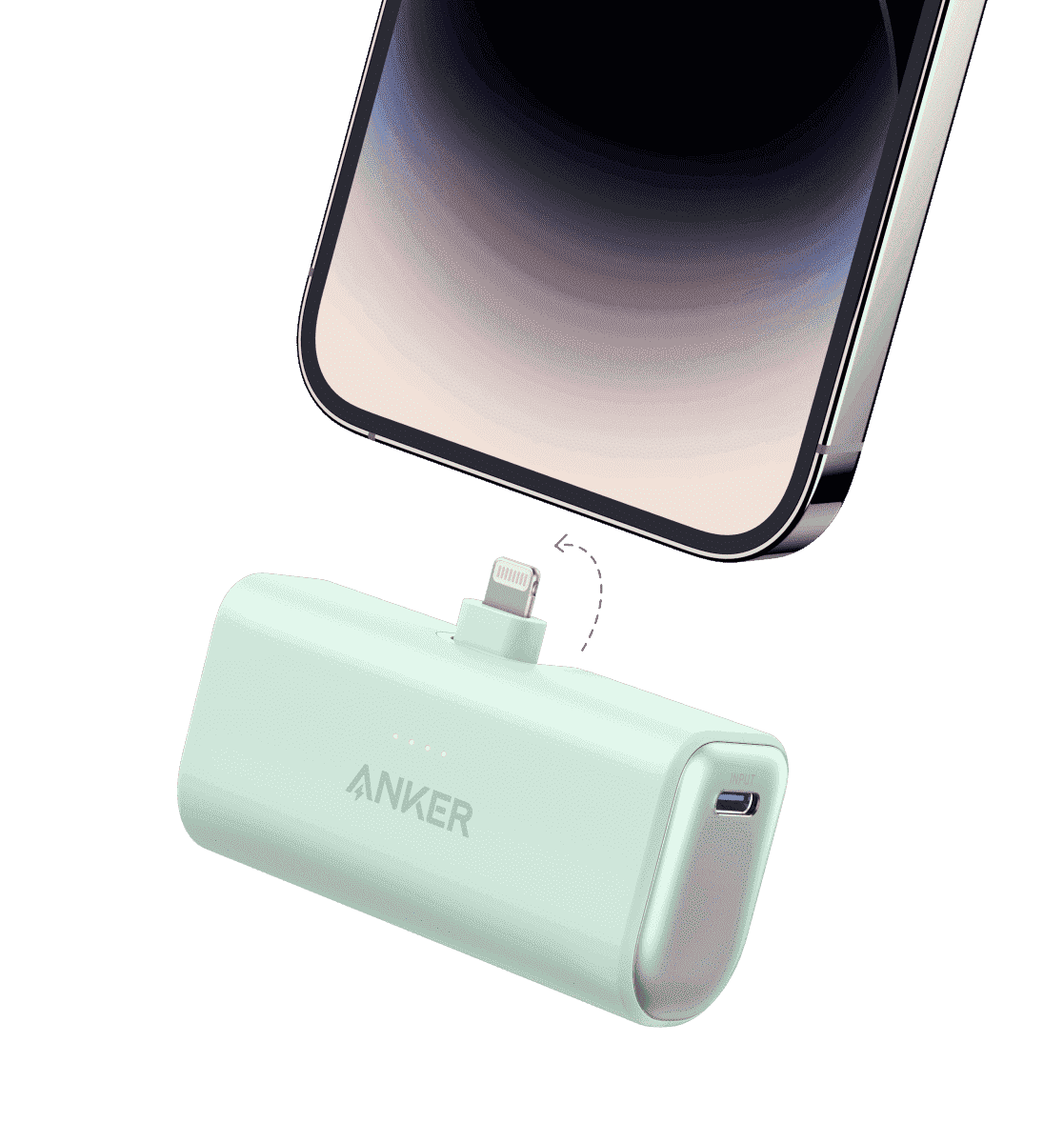 Mint green nano power bank with built-in Lightning connector and USB port