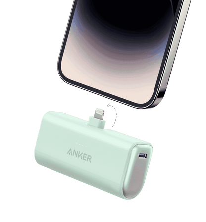 Mint green nano power bank with built-in Lightning connector and USB port