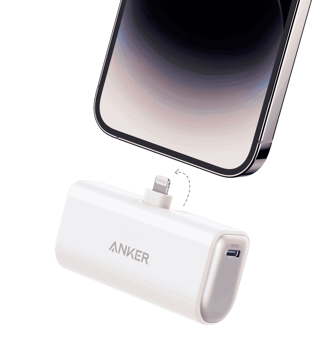 White nano power bank with built-in Lightning connector and USB port