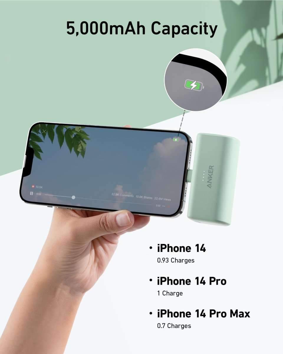 Portable power bank with built-in Lightning connector, mint green finish.
