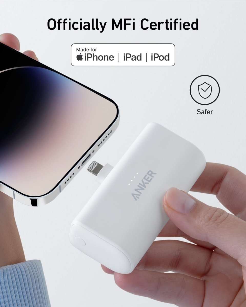 White nano power bank with Lightning connector plug exposed