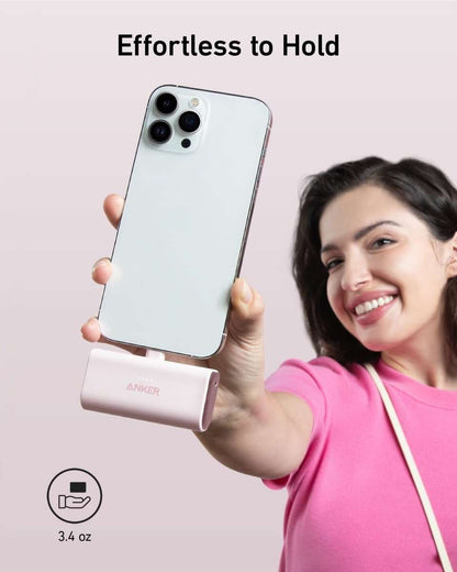 Light pink nano power bank with Lightning connector and USB port