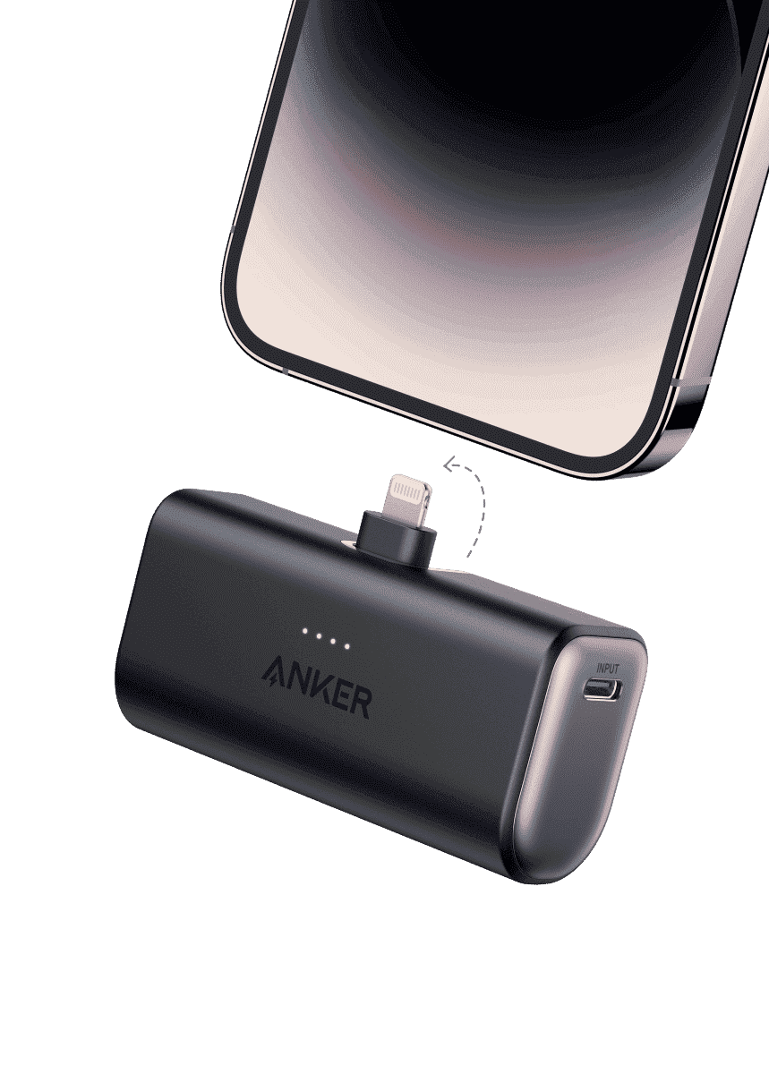 Pocket power bank with built-in Lightning connector and USB port, black finish.