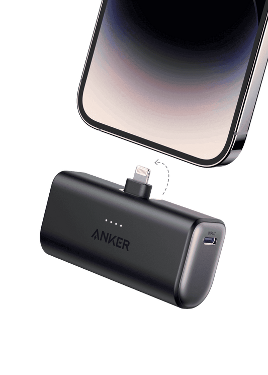 Black nano power bank with built-in Lightning connector and USB-A port