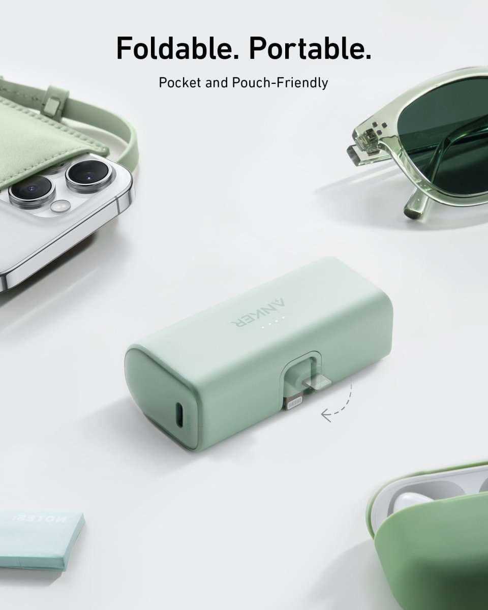 Mint green nano power bank with built-in Lightning connector end