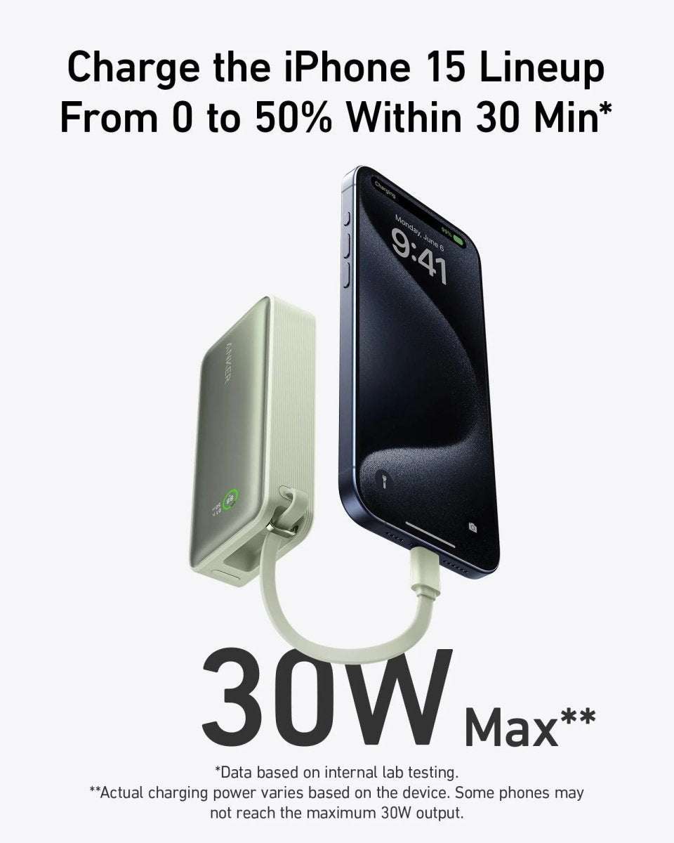 Anker nano power bank in natural green with built-in USB-C cable connected to iPhone