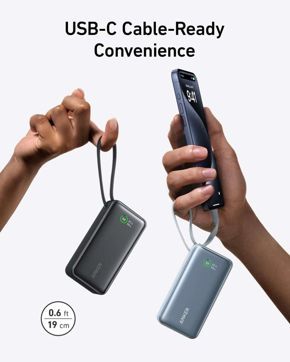 Anker nano power bank in dark and light blue with built-in USB-C cable