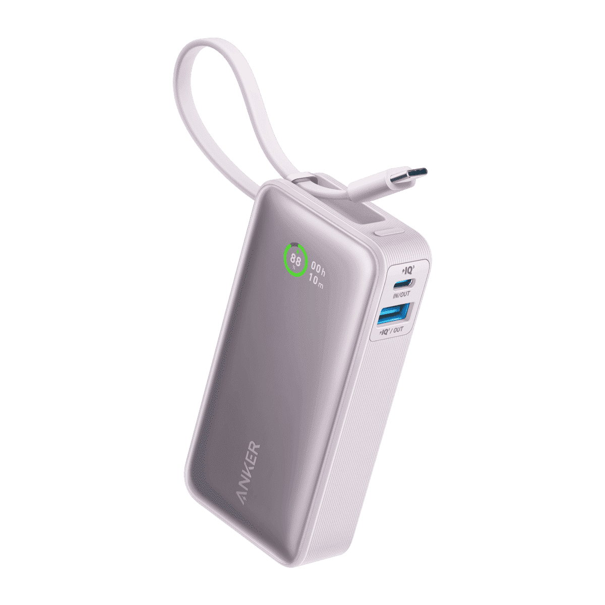 Lilac purple portable power bank with attached USB-C cable and charging ports.