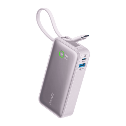 Lilac purple portable power bank with attached USB-C cable and charging ports.