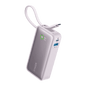 Lilac purple portable power bank with attached USB-C cable and charging ports.