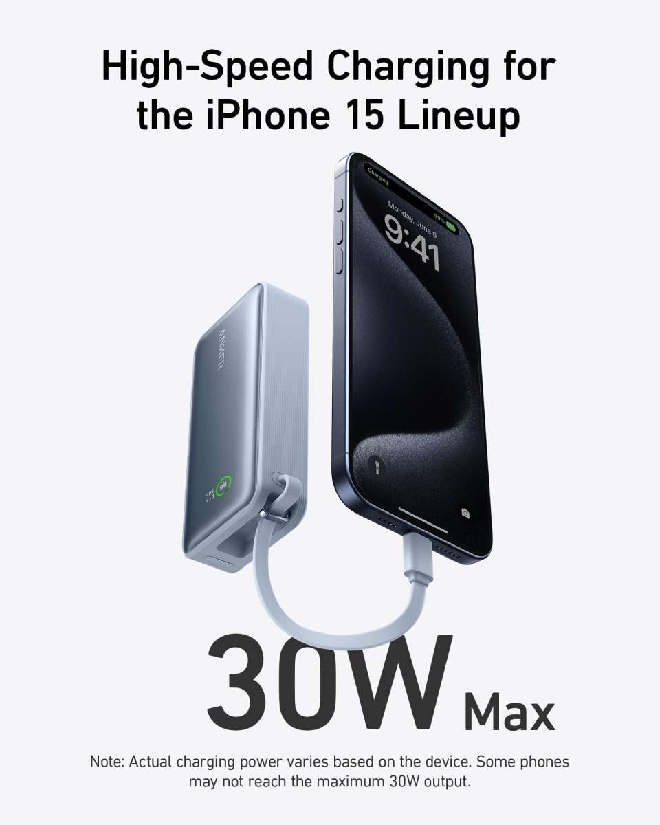 Anker nano power bank in light gray-blue with built-in USB-C cable
