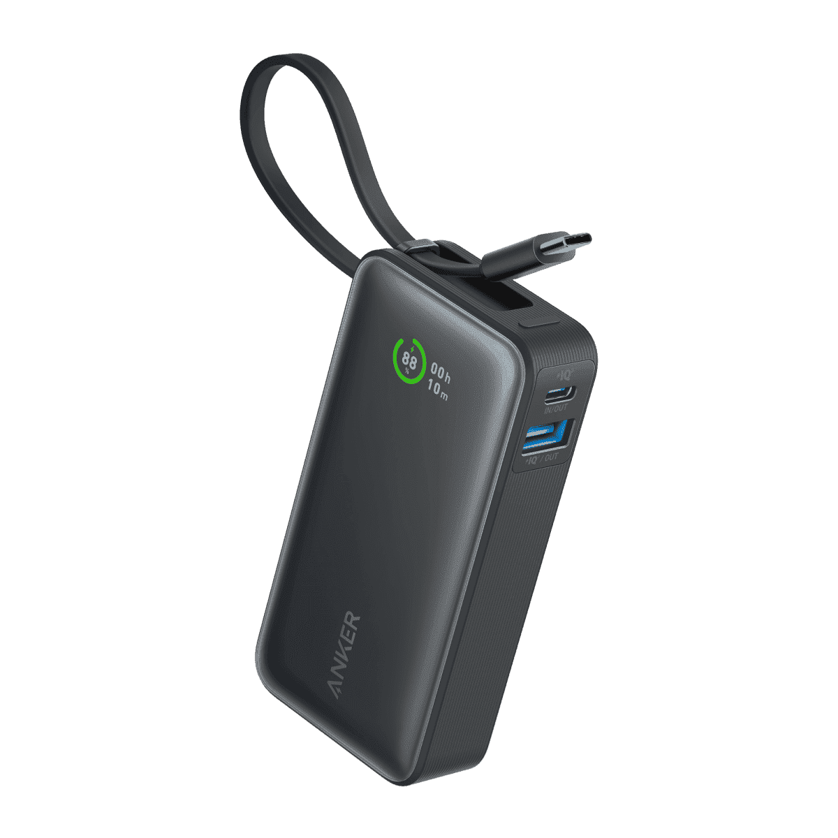 Nano power bank in black stone with built-in USB-C cable and charging ports