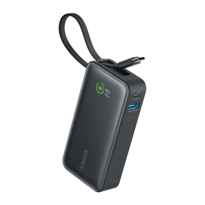Nano power bank in black stone with built-in USB-C cable and charging ports