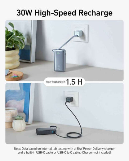 Nano power bank charging from a wall outlet with built-in USB-C cable