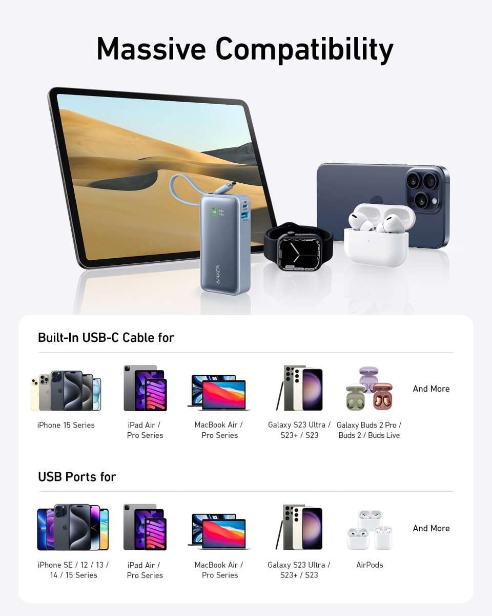 Anker nano power bank with built-in USB-C cable and multiple device charging icons