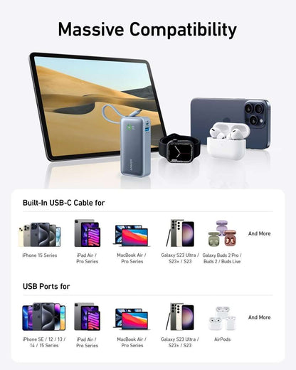 Anker nano power bank with built-in USB-C cable and multiple device charging icons