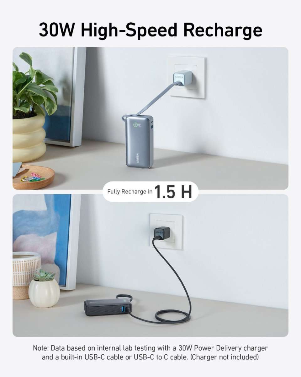 Anker nano power bank in dark blue with built-in USB-C cable and charging port