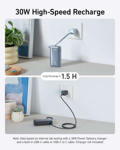 Anker nano power bank in dark blue with built-in USB-C cable and charging port
