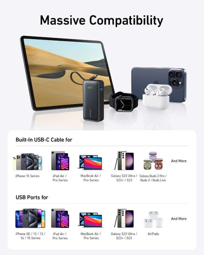 Nano power bank with built-in USB-C cable and ports for multiple devices