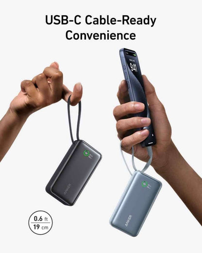 USB-C cable-ready nano power bank in dark and light colors with phones and hands
