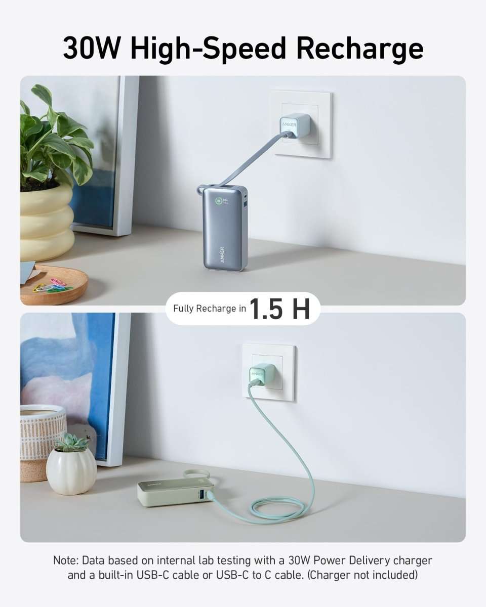 Light gray portable power bank charging from wall outlet with built-in USB-C cable.