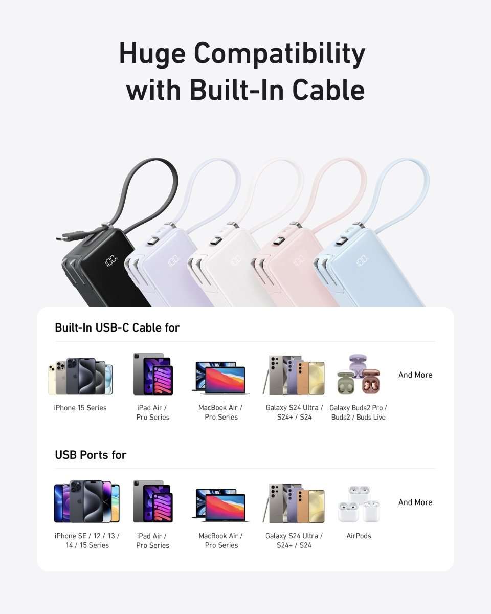 Power bank with built-in USB-C cable shown in multiple colors with connector tips