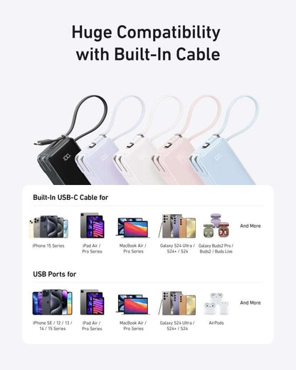 Power bank with built-in USB-C cable shown in multiple colors with connector tips
